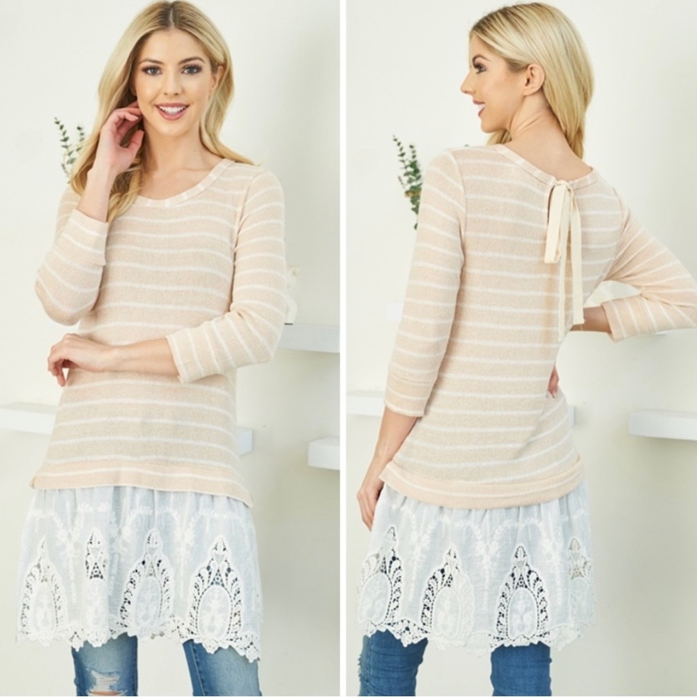 Strip Mix Media Tunic Top with eyelet lace Skirt Bottom